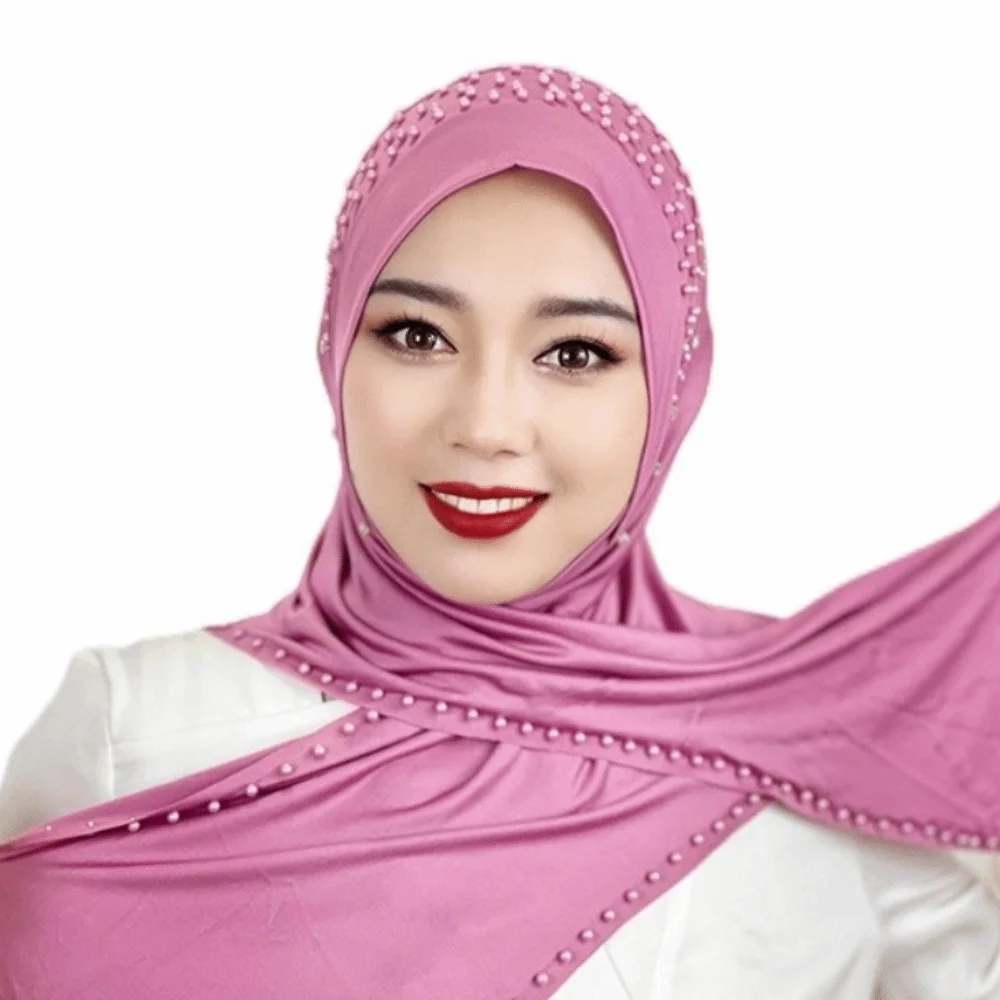 Elegant Soft Beaded Instant Hijab Stretch Easy Wrap Malay Headscarf Solid Color Breathable Pull-On Turban Travel Wear