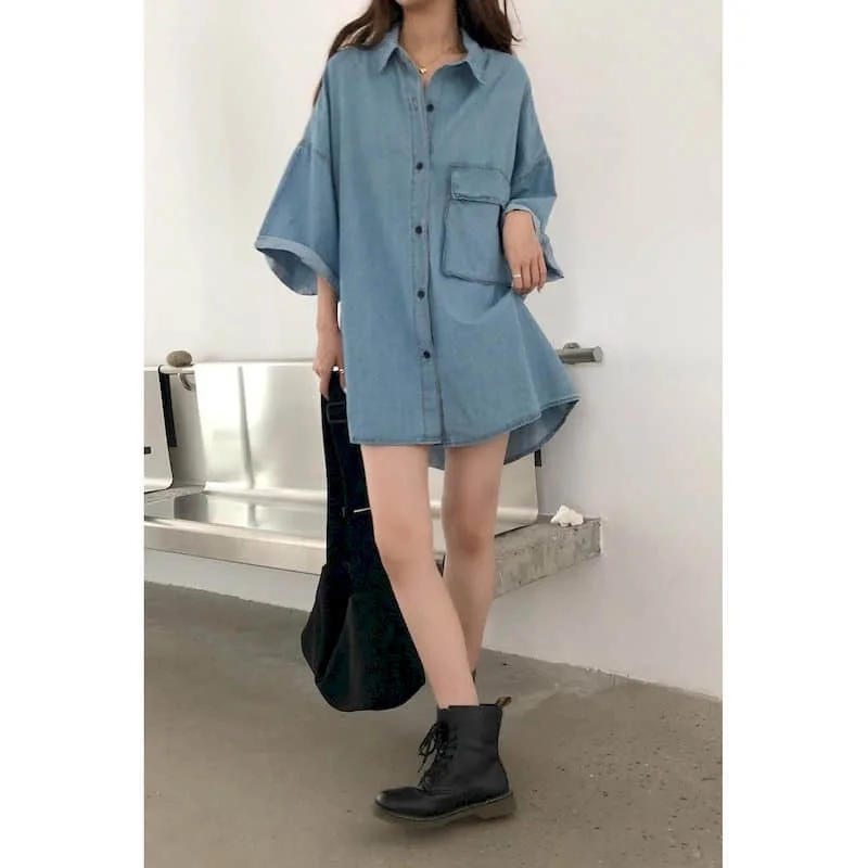 

Denim Shirts and Blouses Women Mid Length Pocket Denim Shirt Half Sleeve Blouses Loose Fit Regular Women Tops Clothes for Women