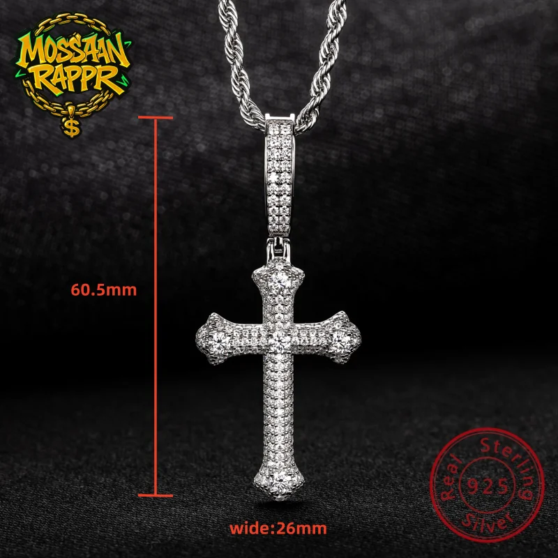 

MossanRappr 3.984cttw Moissanite Classic Cross Pendant Hip Hop Necklace 925 Sterling Silver Heavy Metal Fashion Jewelry for Men