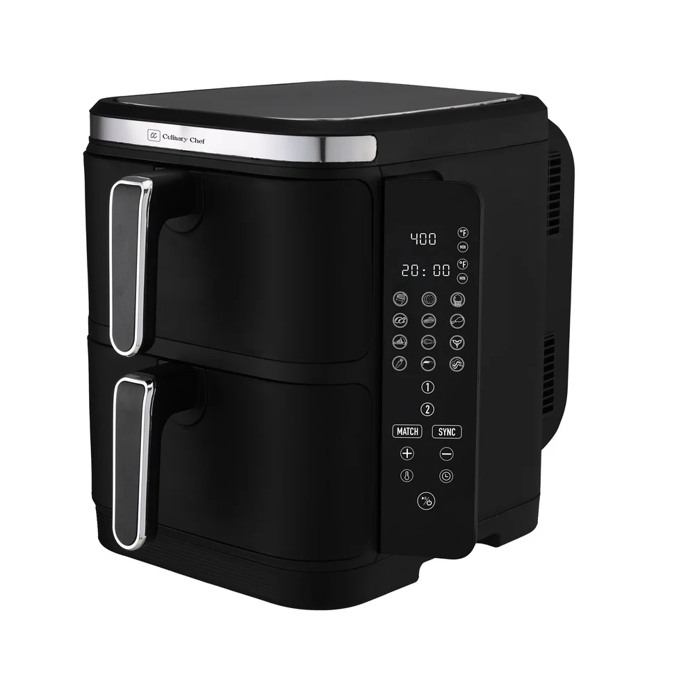 11.6쿼트 이중 적층 디지털 에어프라이어, 듀얼 조리 챔버, 12가지 사전 설정 메뉴, 공간 절약형 디자인, 효율적인 작동, 1800W 출력