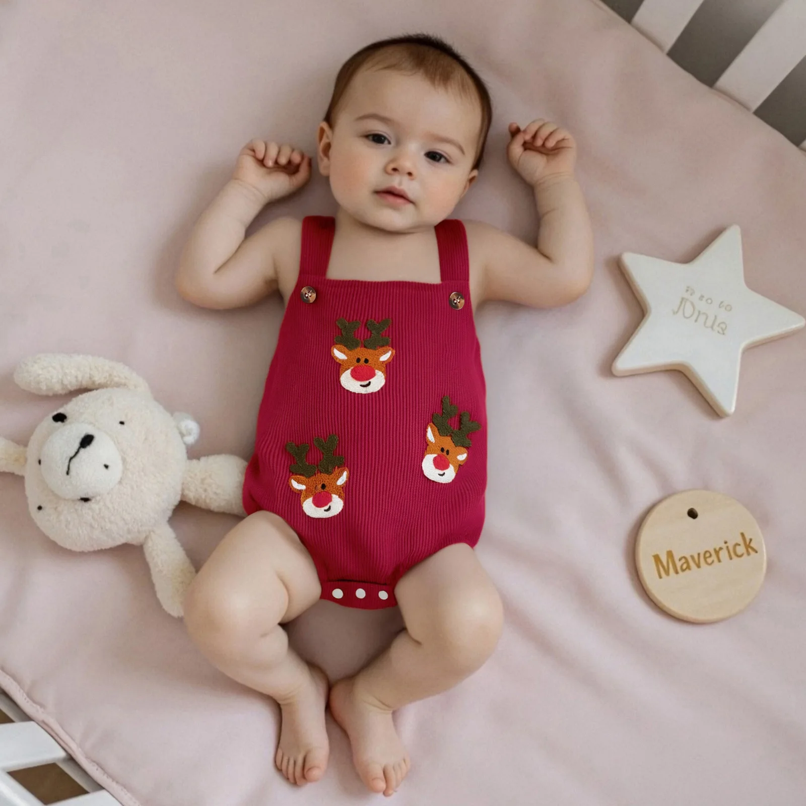 

Christmas Reindeer Embroidery Corduroy Baby Romper Suspender 0-18M Baby Snap Closure Holiday Outfit