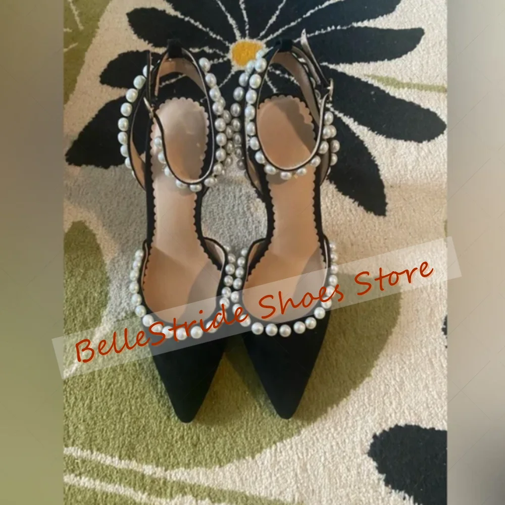 

Black Buckle Strap Pearl Decor Sandals Pointed Toe Women Shoes Thin High Heels Party Banquet Dating 2025 Zapatos Para Mujere