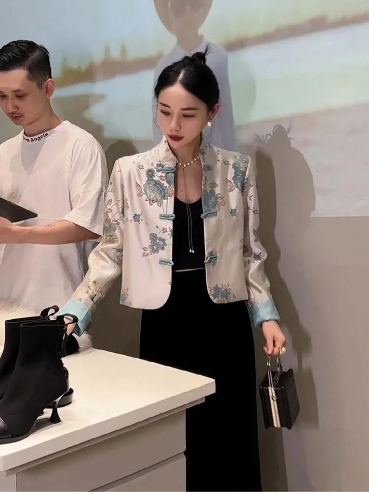 2026 new chinese style blouse chinoiserie fashion embroider matching coat women autumn blue lady casual daily tangsuits shirt