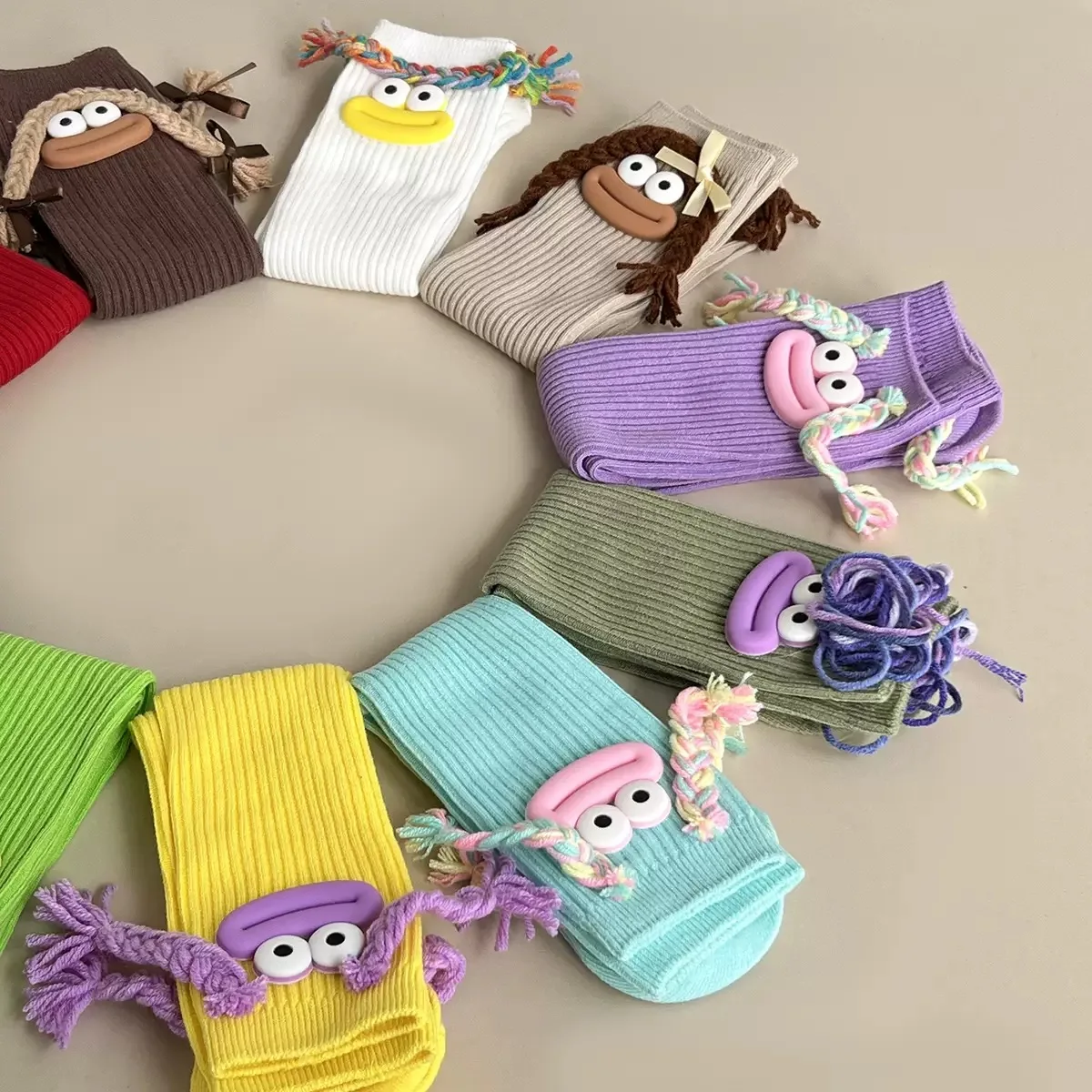 Woman Mid Length Kawaii Cartoon Colorful Sock Girl Big Mouth Braids Funny Cotton Long Socks Female Cute Over Knee High Stockings image 2