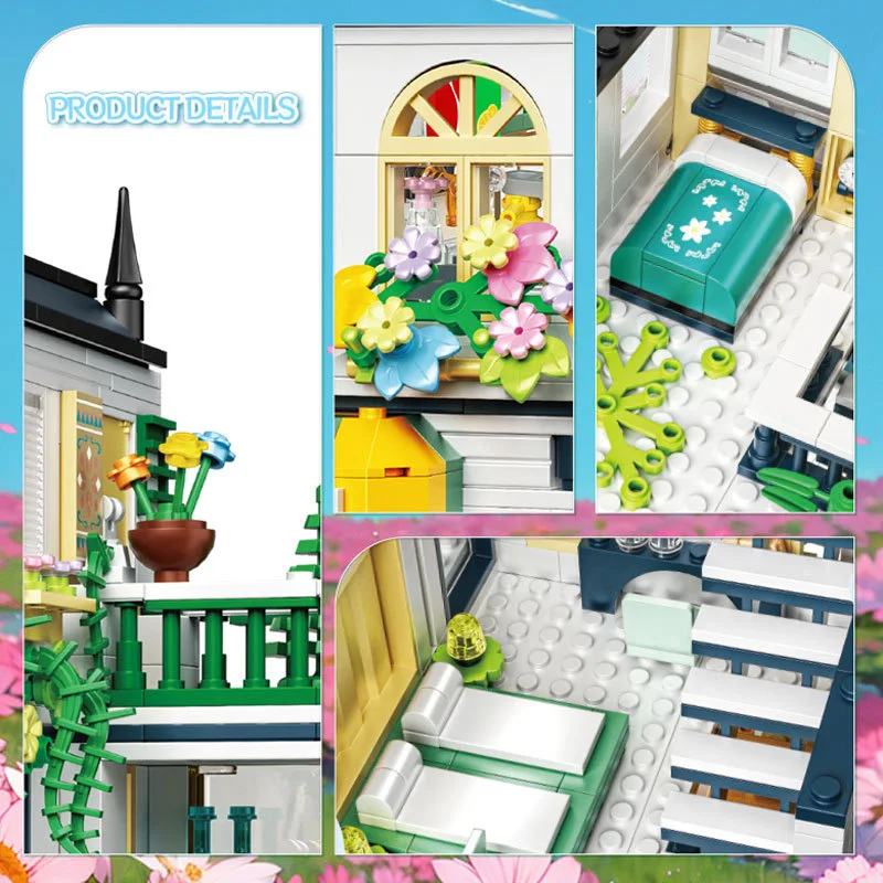 Creative Street View Flower Manor Garden Model Building Blocks Architecture Three Floor House Mini Bricks Kids Construction Toys