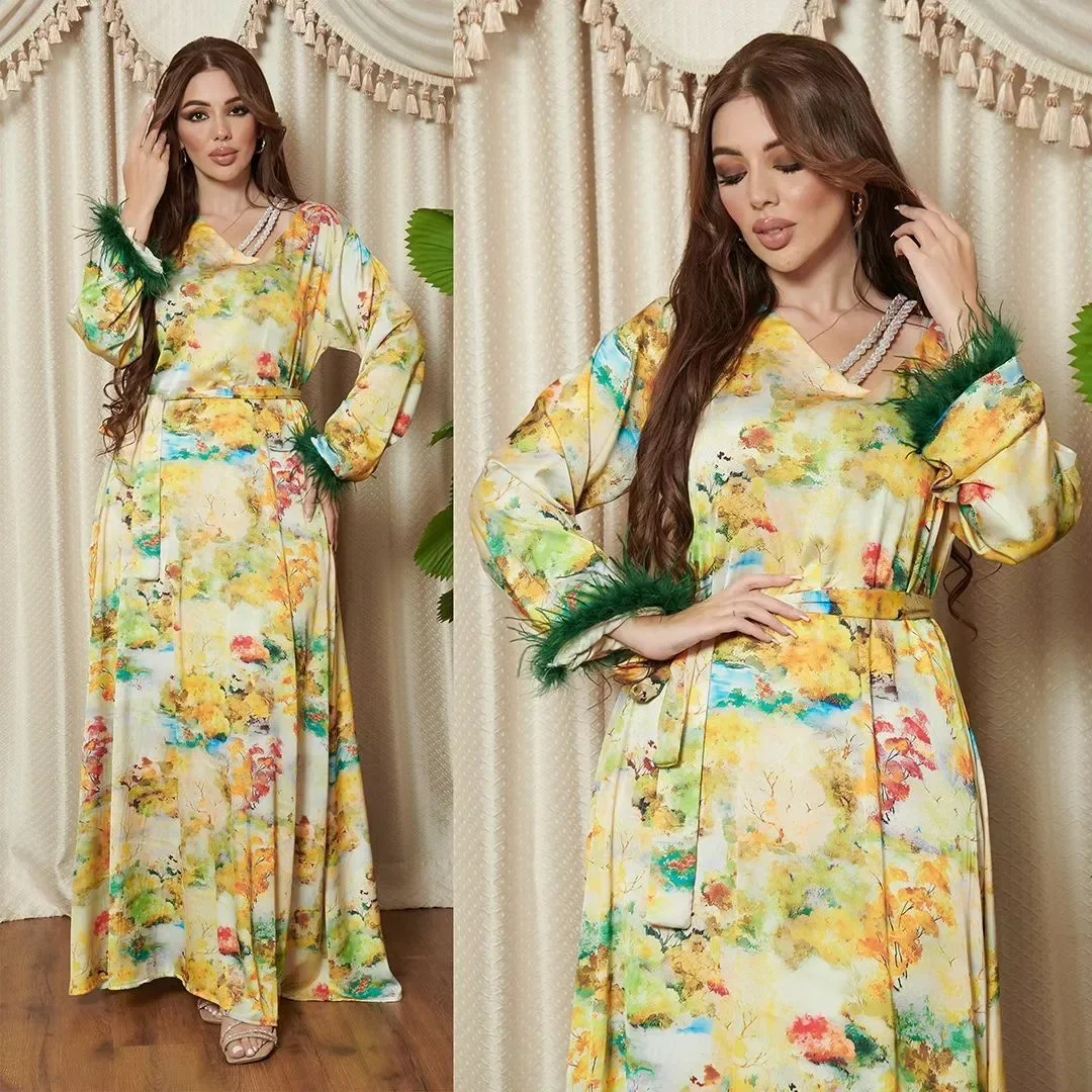 Floral Print Belted Dress Ink Halo Dyeing Abaya Diamonds Band V-neck Robe Elegant Feather Long Sleeves Femme Gown Muslim Robe