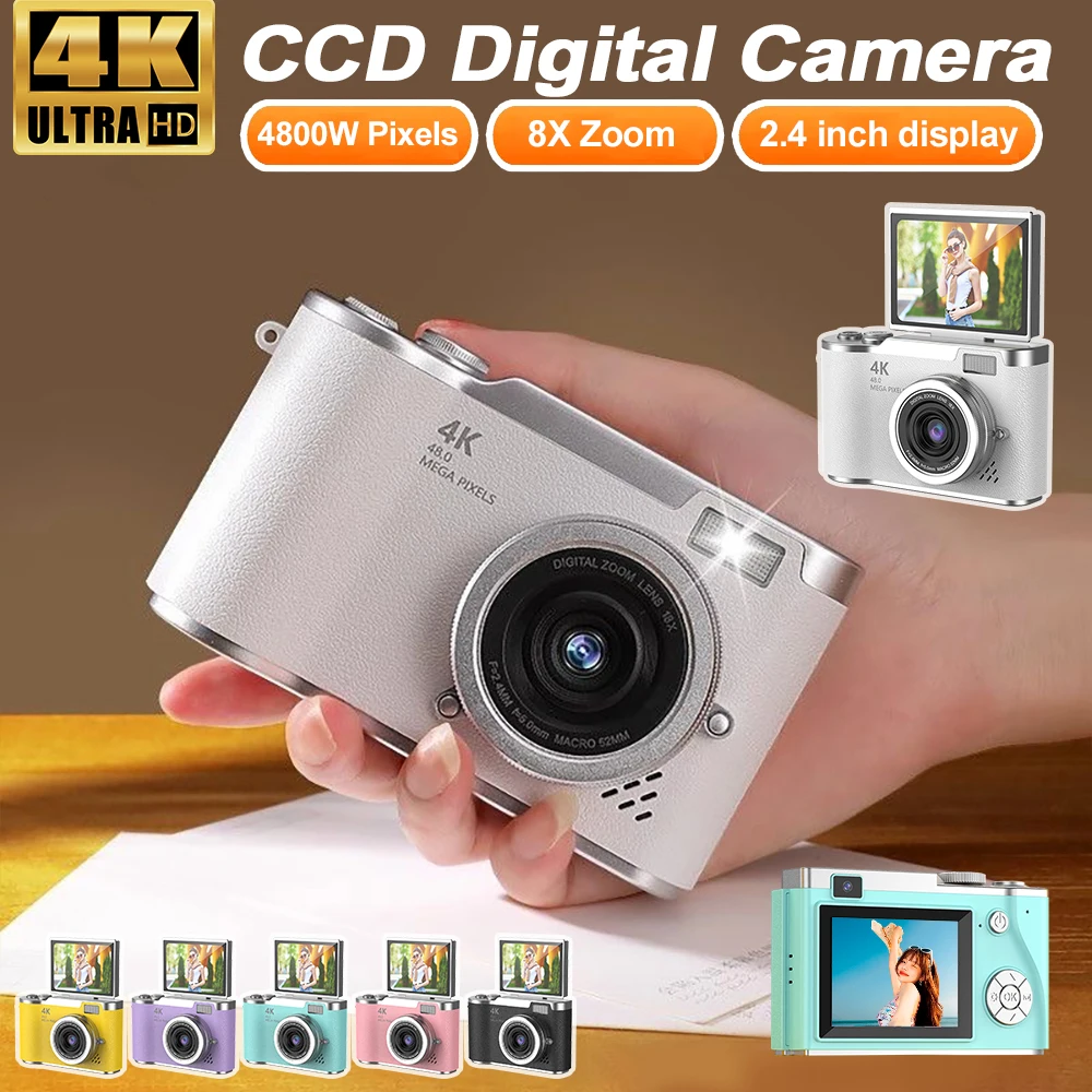New 4K CCD 8X Digital Zoom Digital Camera for Student 48MP Compact Digital Photography Camera 180 Flip Screen Selfile Camera