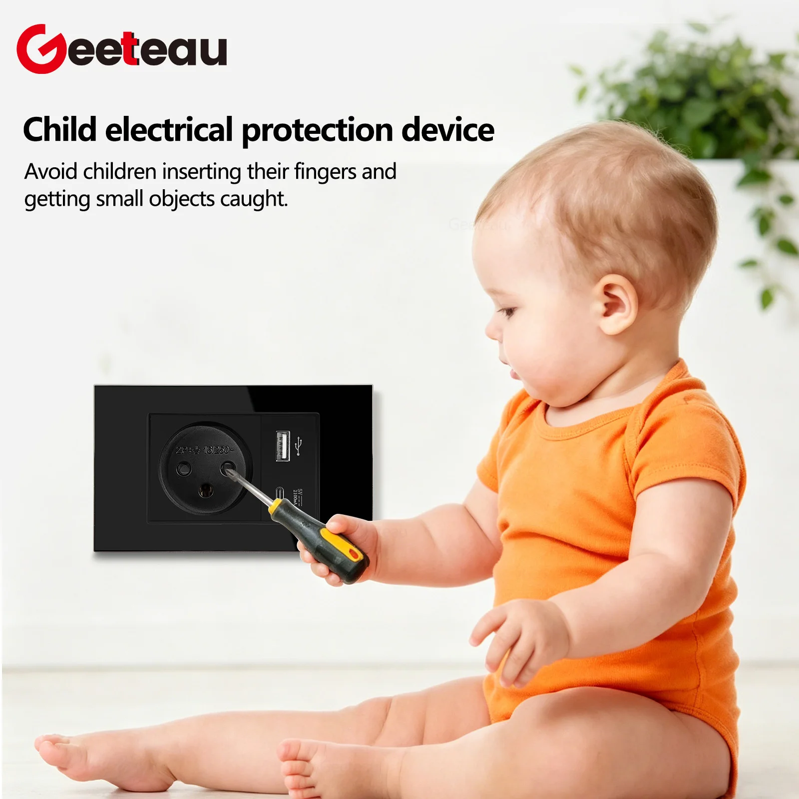 Geeteau Israel Type H Glass Panel Socket 16A 230V 10W USB C Phosphor Copper Secure Buckle Household Safe Wall Outlet view 4