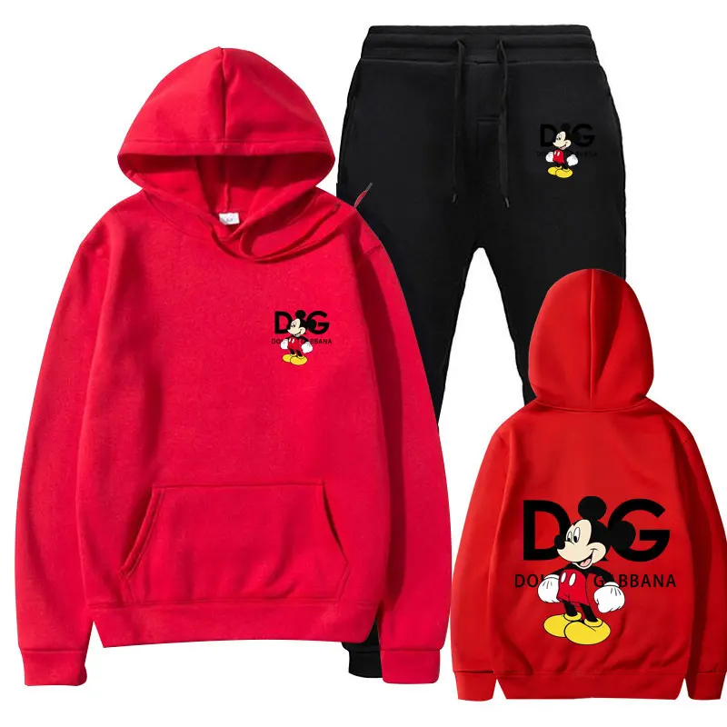 Disney\'s latest brand cotton printed spring and autumn men\'s and women\'s sports sweater hooded set anime men\'s and women\'s set