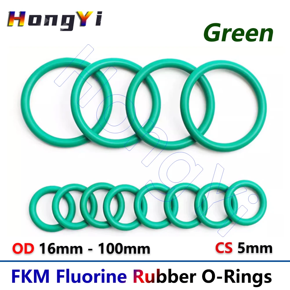 1/2/5Pcs CS 5mm FKM Fluorine Rubber O-Ring Gasket Green Sealing Washer OD 16mm - 100mm Oil and Corrosion Resistant