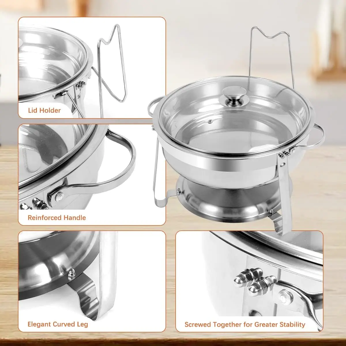 4 QT Stainless Steel Chafing Dishes with Glass Lid & Lid Holder, Catering Food Warmers