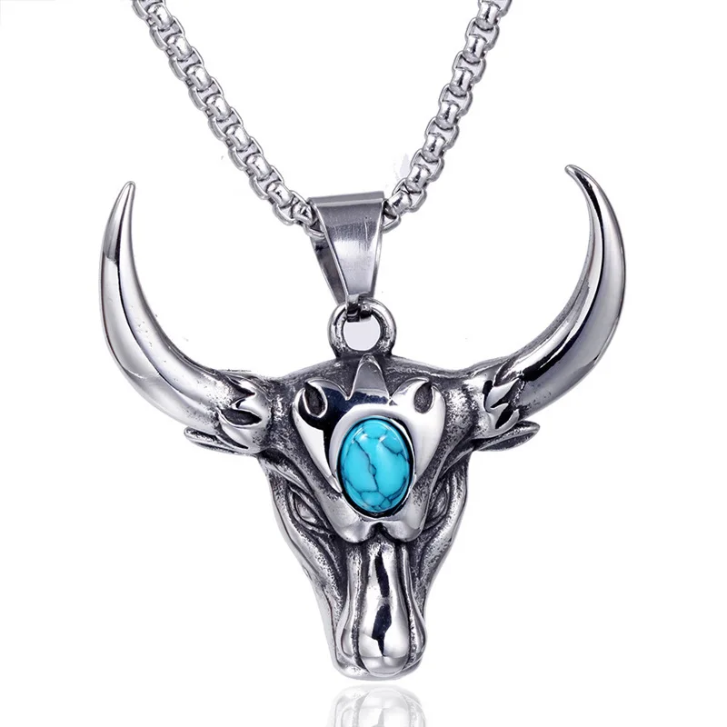 Domineering Nordic  Turquoise Bull Head Animal Pendant Necklace Men\\\'s Biker Punk Trend Jewelry
