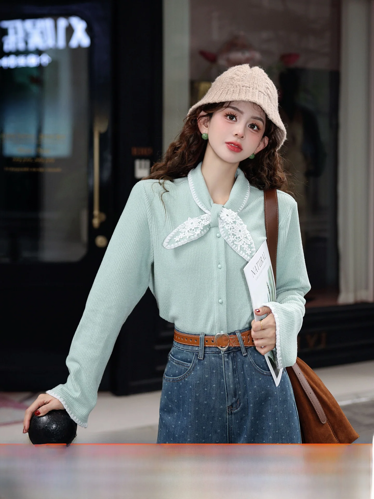 

Chen Jiajie October Lake Water Long Sve Casual irt Women's Premium Lightweight Agel Ladies Top Polyester Fiber Blend