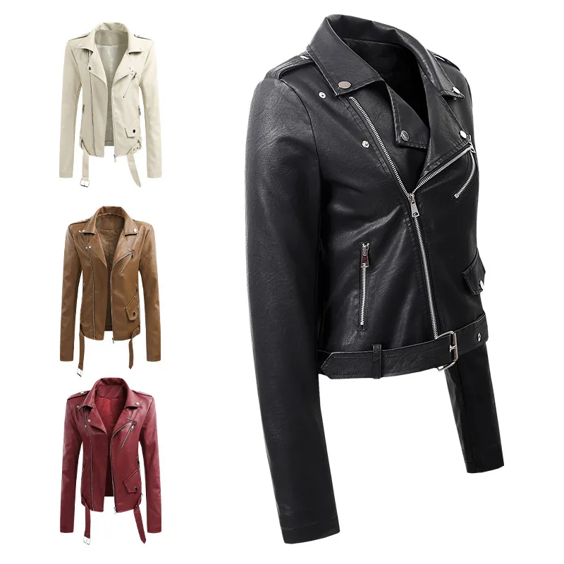 2024 Women's Spring Clothing New Leather Coat Short Lapels Collar Buckle Pu Motorcycle Jacket