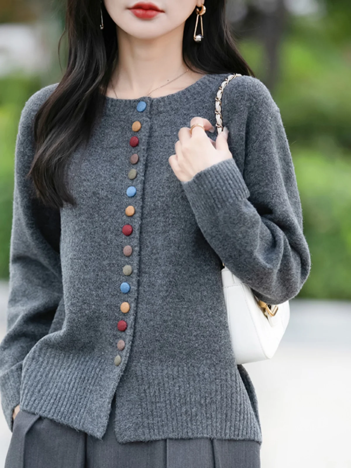 Retro Korean Style Knitted Cardigan Coat round Neck Color Button Grey Winter New Sweater Artistic Style Warmth Heating Long S...