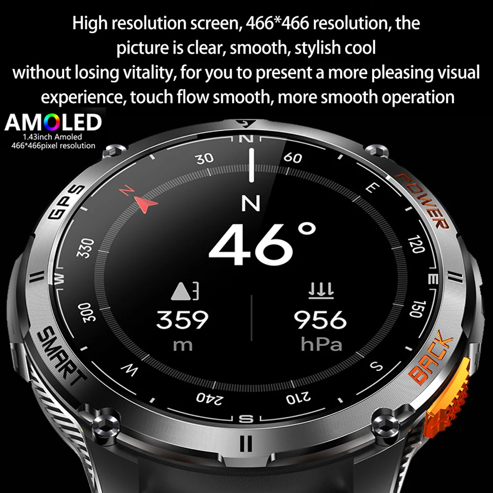 

Smart Watch GPS Sports AMOLED Screen Health Smartwatch IP68 Waterproof LED Flashlight Compass Outdoor Men Watches 530Mah Music
