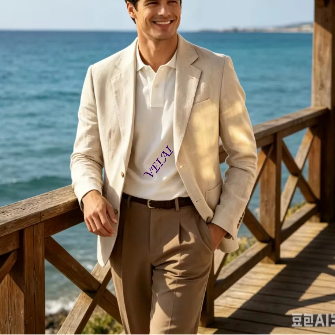 Customized Men's Slim Fit 2 Piece Tuxedo Light Blue/Beige Linen Notch Lapel Blazer And Pants Set for Wedding Prom Summer