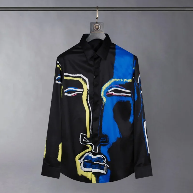 Luxury Graffiti Face Business Casual Shirts Men Silk Slim Long Sleeve Shirt Men's High End Banquet Social Party Tuxedo Blouse image 3