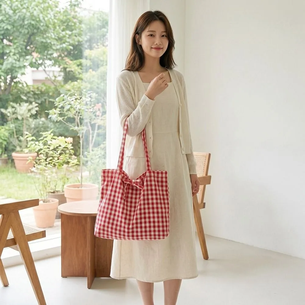 Sweet Korean Style Red Plaid Shoulder Bag Grid Handbag Lattice Tote Bag Cute Check Canvas Bag Daily