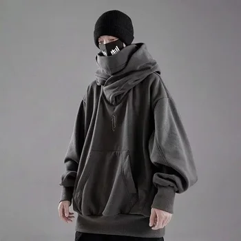 남성용 자수 터틀넥 스웨터 일본 닌자 후드 가을 힙합 양털 포켓 streetwear Oversize Y2K Hoody