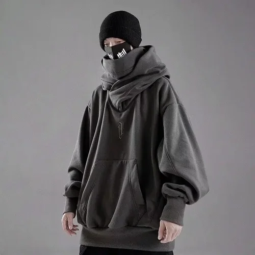Sudadera de cuello alto bordada para hombre, sudaderas con capucha de Ninja japonés, ropa de calle con bolsillo de lana de Hip Hop, Sudadera con capucha Y2K de gran tamaño