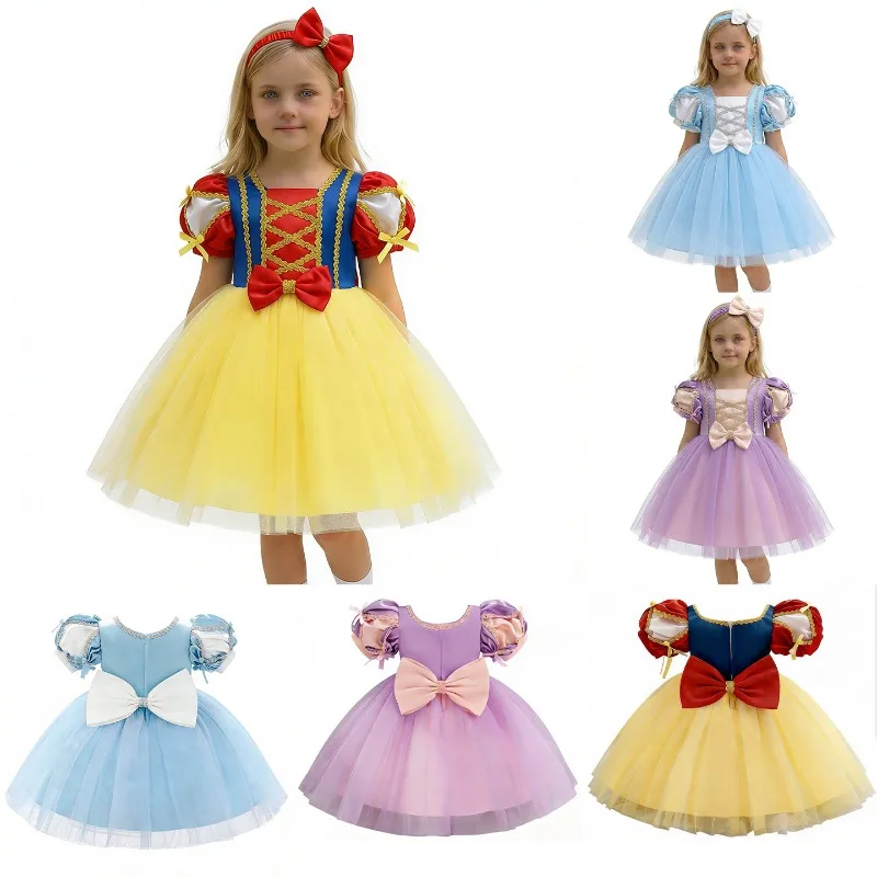 European Fashion Girls Princess Dress Cute Big Bow Decor Kids Snow White Costume Elegant Little Girl Party Banquet Gown
