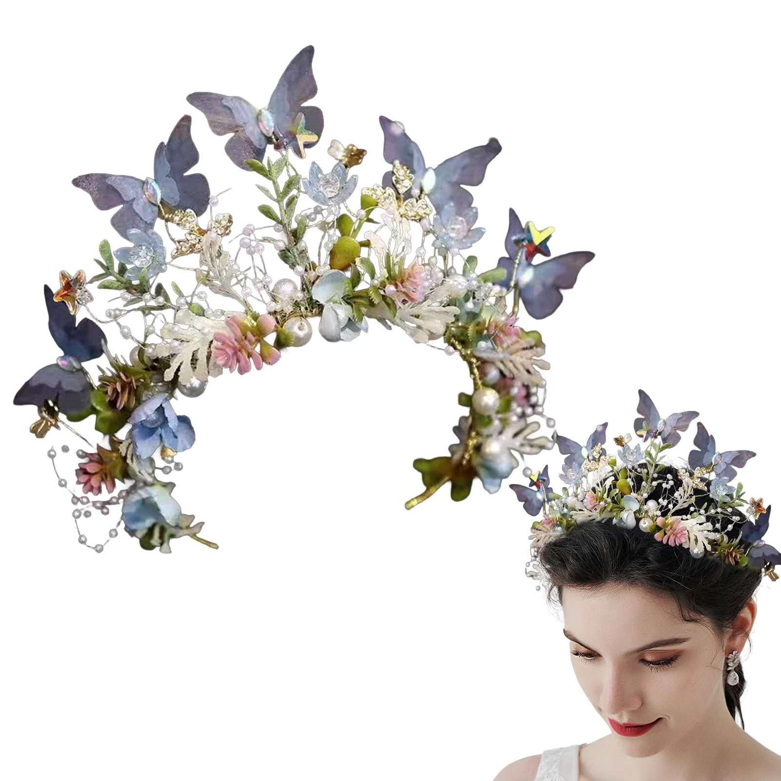 Boho Exquisite Blumenkrone Luxuriöser Schmetterling-Perlen-Blumengirlande Kopfschmuck Mädchen Fotografie-Requisiten Trendiges Haaraccessoire – Detail 6