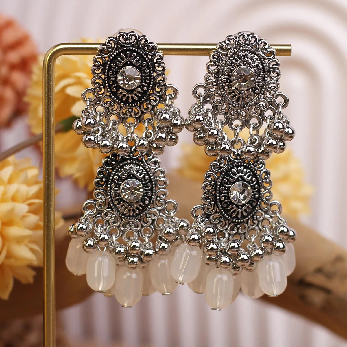 Ethnic Romantic Pink Crystal Bead Tassel Earring Women Ethnic Silver Plated Round Long Dangle Earrings Bridal Wedding Jewelry