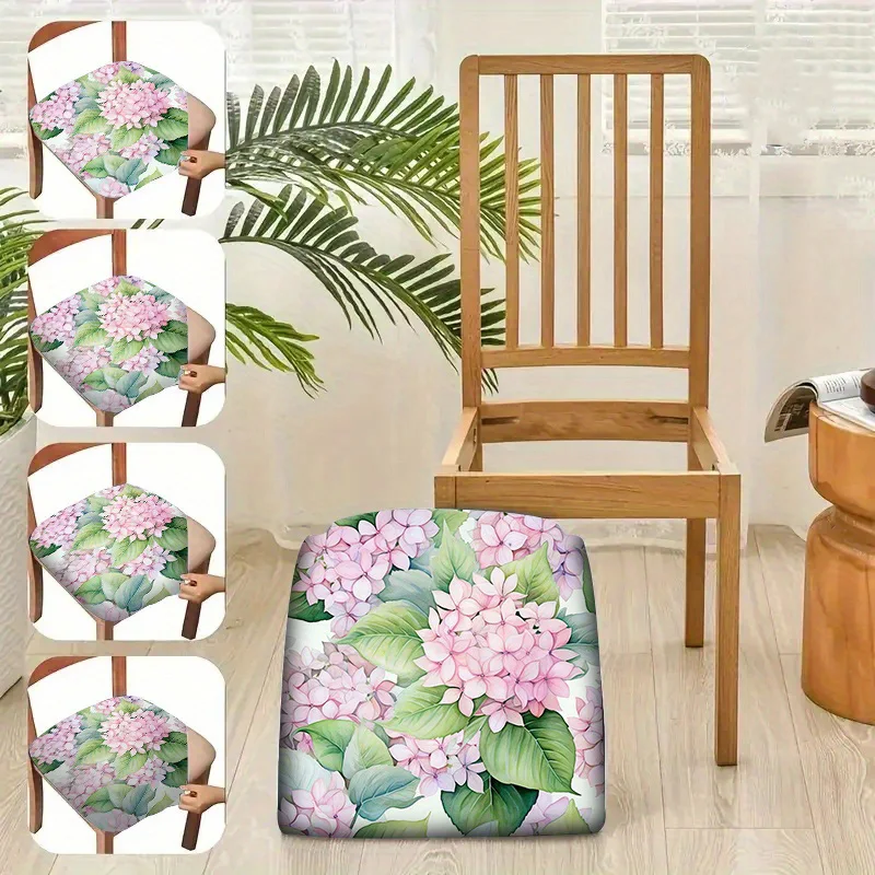 2/4/6pcs Chair Seat Slipcover,Pink Hydrangea Print Elastic Chair Cover for Dining Room