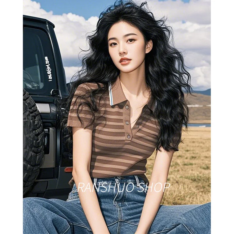 

Summer Korean Fashion Vintage Button T-shirt Women Striped Turn-down Collar Short Sleeve Pullovers Casual Thin Knit Polo Shirts