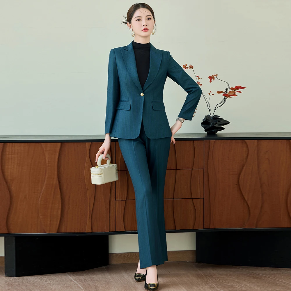 ZJYT أنيقة الخريف امرأة السترة البدلة مجموعة زر واحد مخطط كم طويل سترة وسراويل قطعتين الزي حجم كبير بنطلون