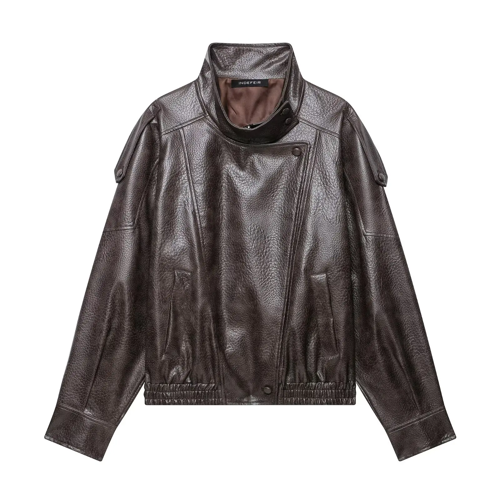 DUOPERI Women Multi Color Asymmetric Placket Faux Leather Jacket Stand Collar Female Chic Lady Casual Outerwear