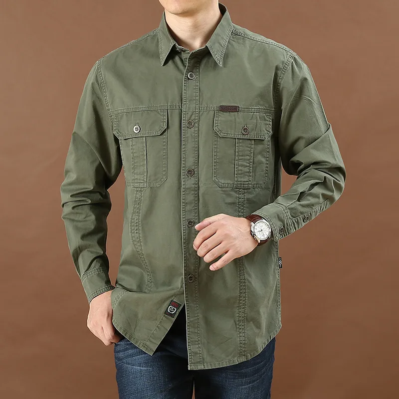 

2026 Men's Casual Loose Long-sleeved Shirt New Large Size Solid Color Middle-aged and Young People's Shirt Autumn Tooling Pocket