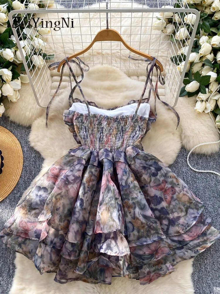 Beiyingni festa de aniversário tutu vestido feminino sexy francês doce cinta de espaguete vestidos de fiesta floral impressão malha em camadas vestido