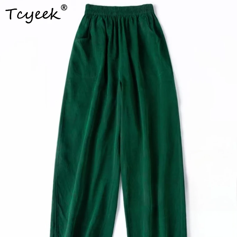Tcyeek 100% Real Mulberry Silk Pants Women 2026 Loose Elastic Waist Wide Leg Pants Vintage Woman Clothes Pantalones De Mujer