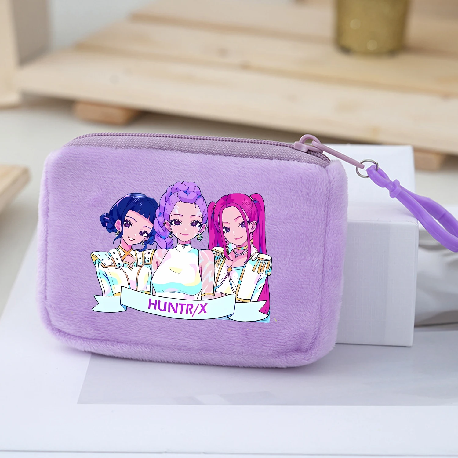 Monedero de felpa Kpop Demon Hunters, Mini billetera de dibujos animados Kawaii para niño y niña, monedero con cremallera, bolsas de almacenamiento de tarjetas de dinero púrpura a la moda, regalo