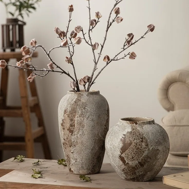 Retro new Chinese clay pot wabi sandy wind old decoration decoration porch TV cabinet flower arrangement hydroponic ceramic vase