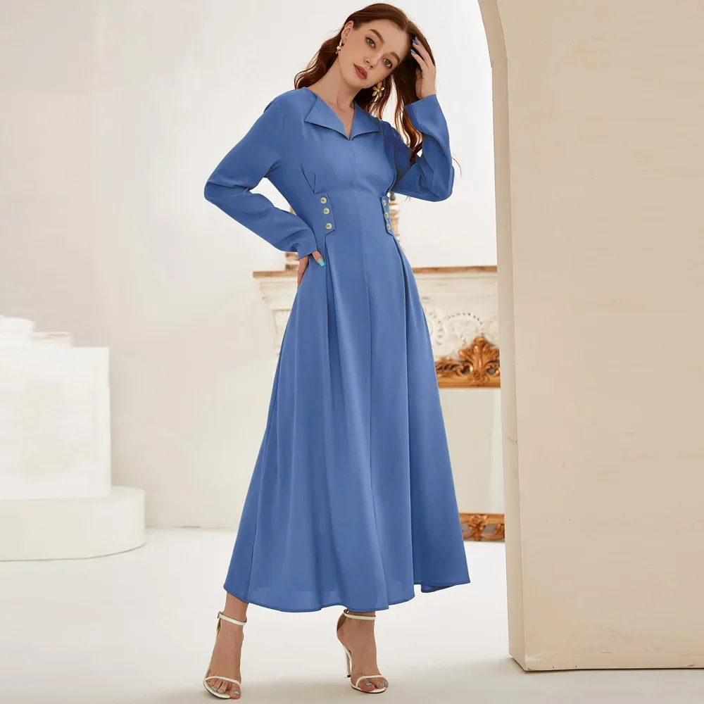 Women Eid Muslim Dresses Morocco Jalabiya V Neck Pearls Dubai Long Robe Party Dress Vestidos Solid Elegant High Waist Kaftan