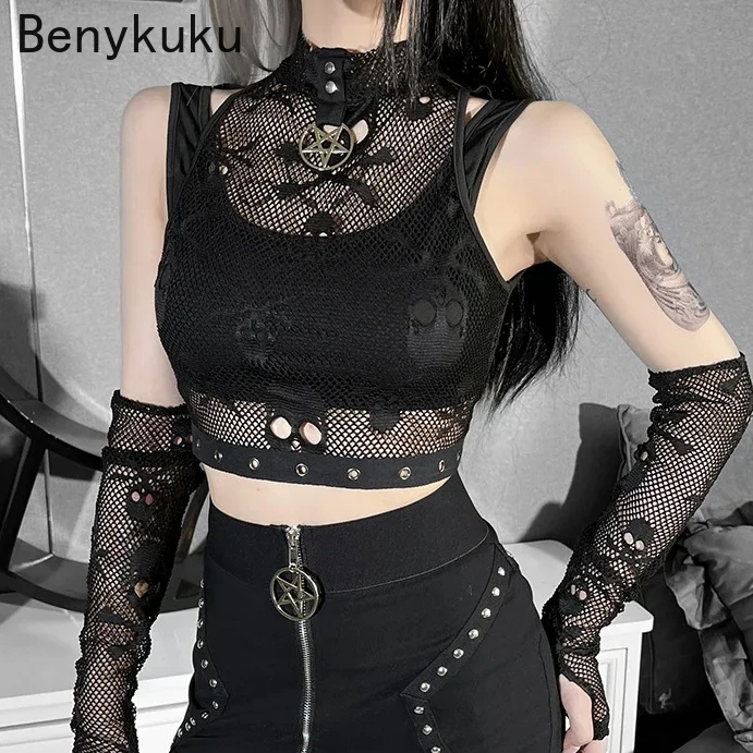 Haut court noir en résille tête de mort pour femme, vêtements gothiques, vêtements grunge, esthétique punk, e-girl Emo, débardeurs