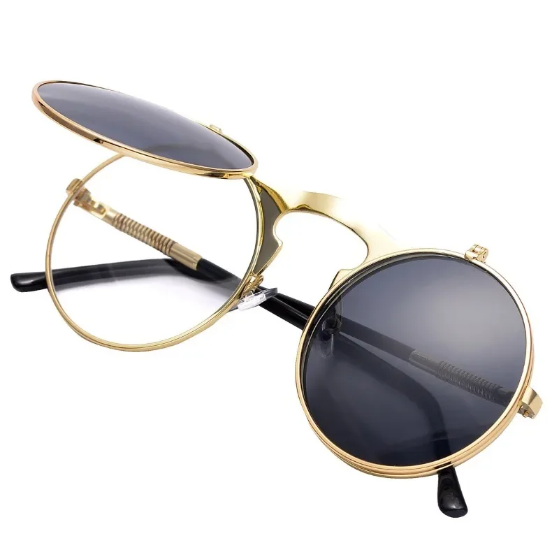 

Vintage Steampunk Flip Sunglasses Retro Round Metal Sun Glasses for Men and Women Brand Designer Circle Oculos