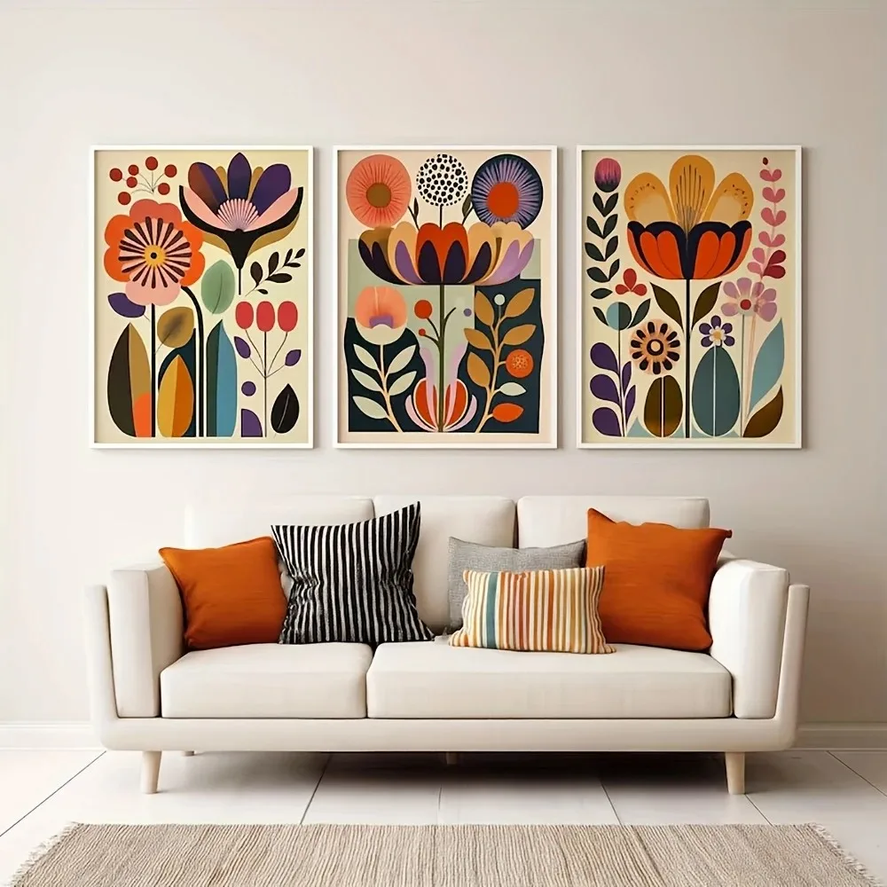 3PCS frameless decorative art print,3pcs/set of Scandinavian Folk Art Floral Canvas Prints Bohemian Plant Wall Art Posters fo