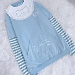 Fake Two Piece Detachable Bibs Sweatshirts Harajuku Cute Embroidery O-neck Tops Women Y2k Long Sleeve Striped Sweatshirt Mujer