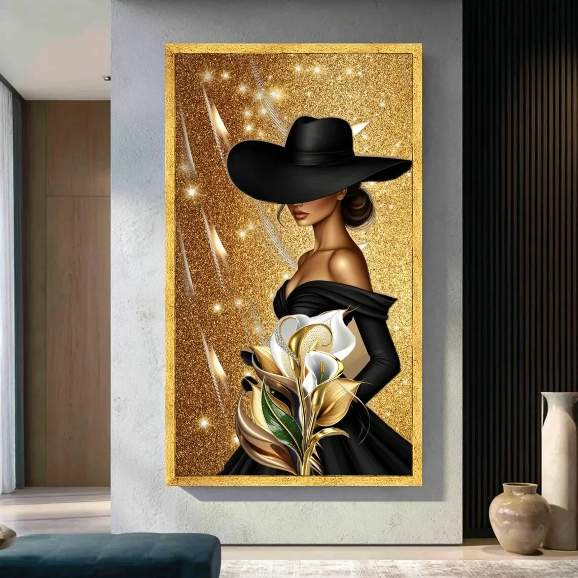 Glamorous Woman,Black Hat, Gold Glitter, Calla Lily,DIY 5D Diamond Painting New Full Drill Mosaic Diamond Art Embroidery