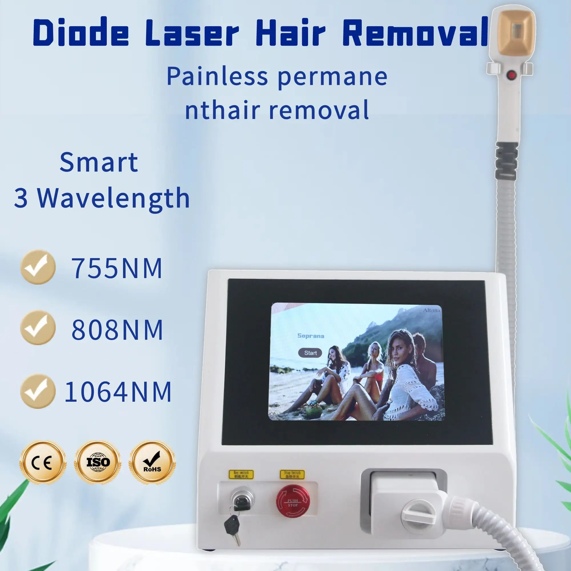 808nm المحمولة ديود آلة إزالة الشعر بالليزر Depiladora Laser 3000W الذكية 3 الطول الموجي الدائم غير مؤلم Photorejuvenation