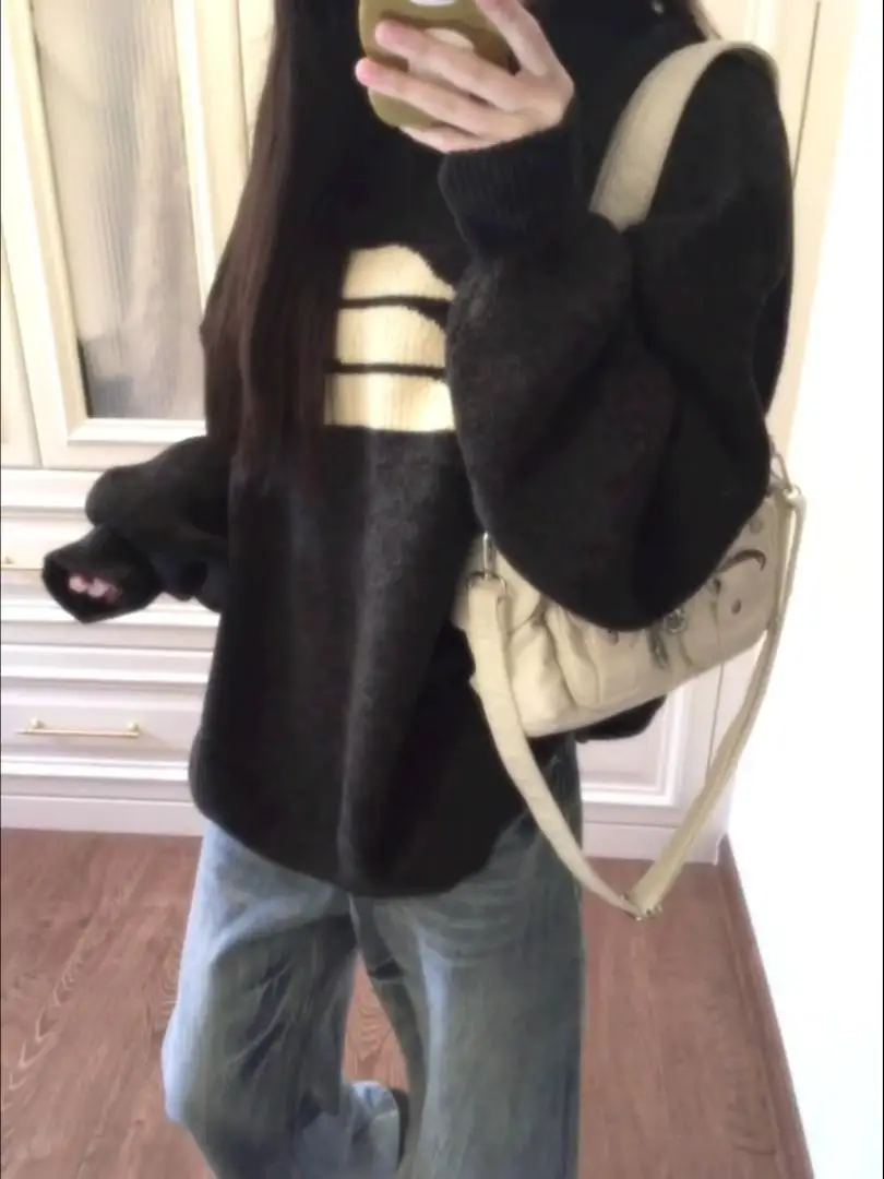 Weicher, gemütlicher, runder Damen-Strickpullover, lockere Passform, Herbst-Winter, neuer Stil, vielseitige Strickwaren, lässig, bequem, lange Ärmel...