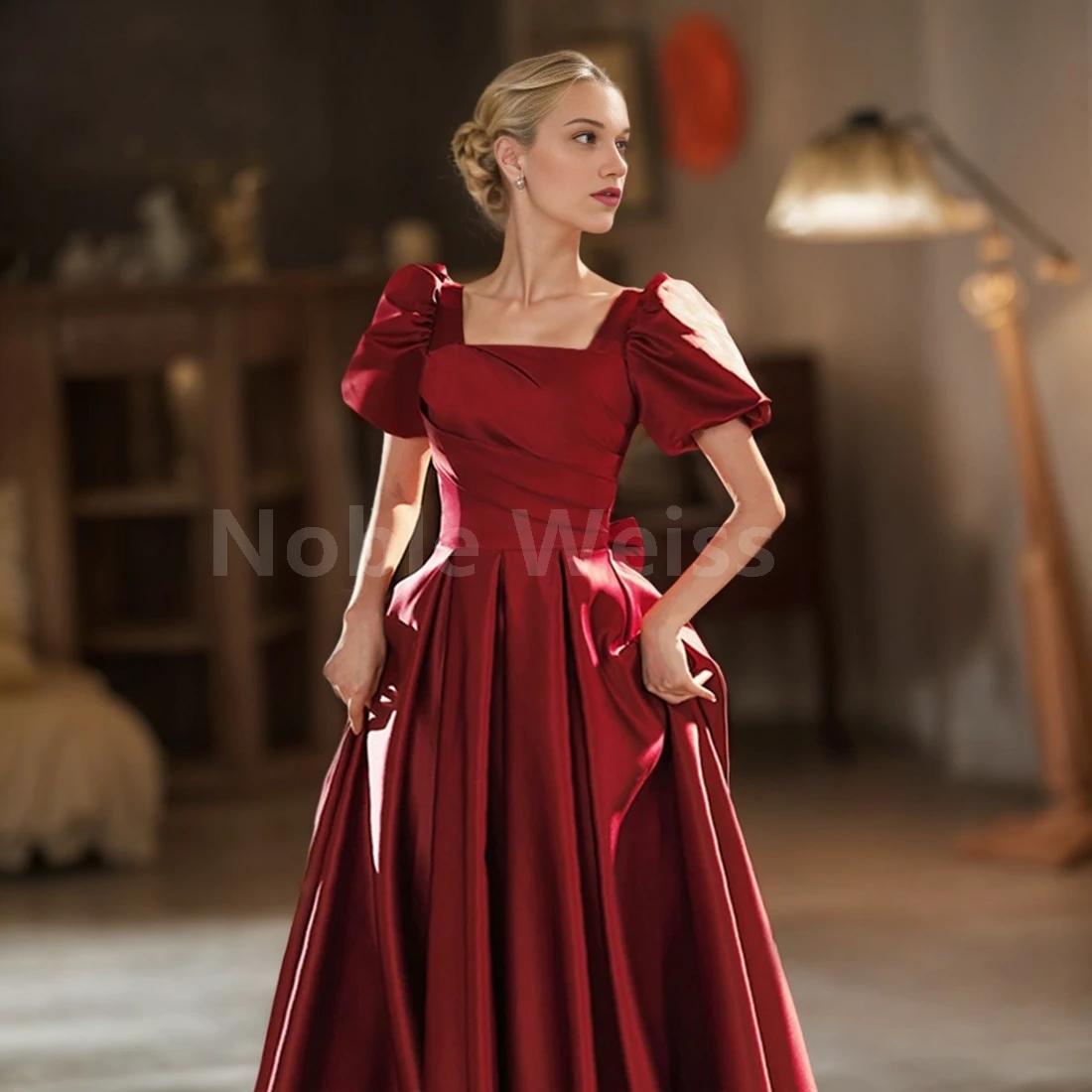 Elegant Satin Floor-Length Prom Dress with Pleated A-Line Skirt Customized