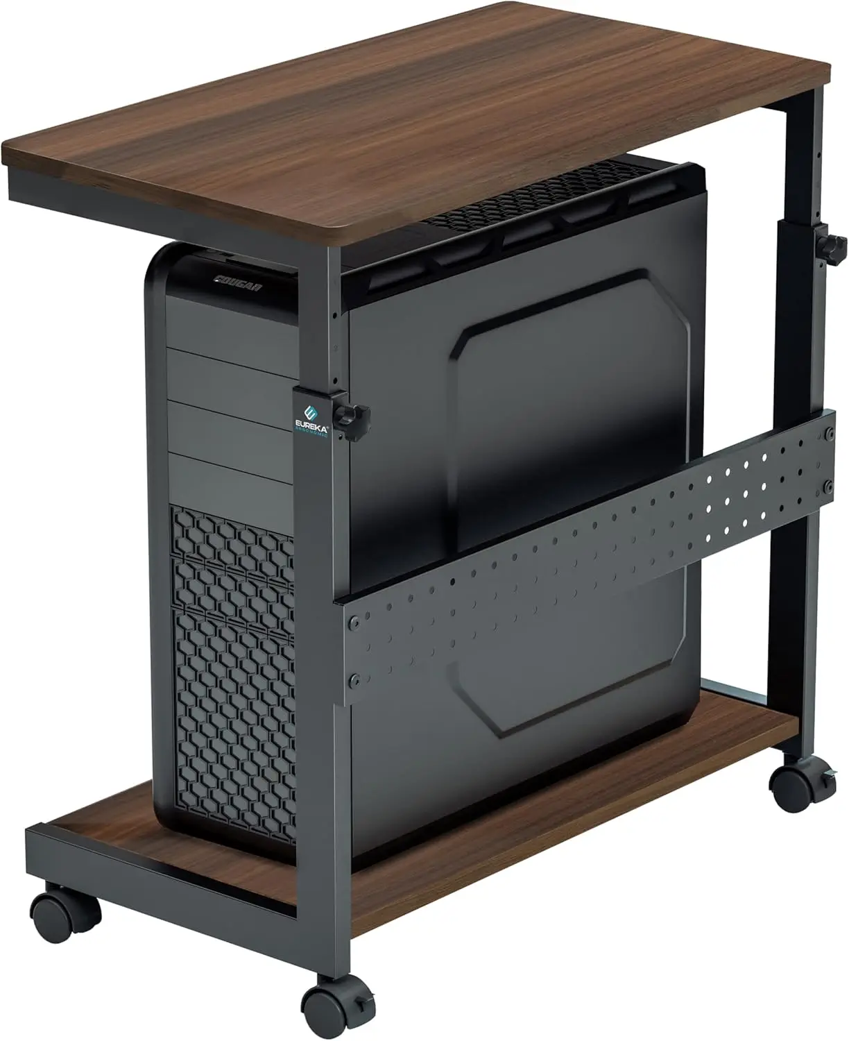 

Adjustable Height PC Stand with Wheels, 2-Tier Rolling Cart for ATX Case and Printer, Walnut Finish for Home Office Gaming