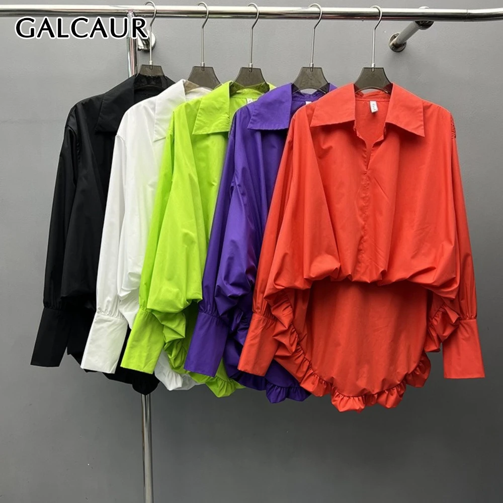 

GALCAUR однотонная базовая рубашка со складками, женская свободная рубашка с лацканами и длинными рукавами, нерегулярные повседневные женские рубашки, осенний новый стиль, мода