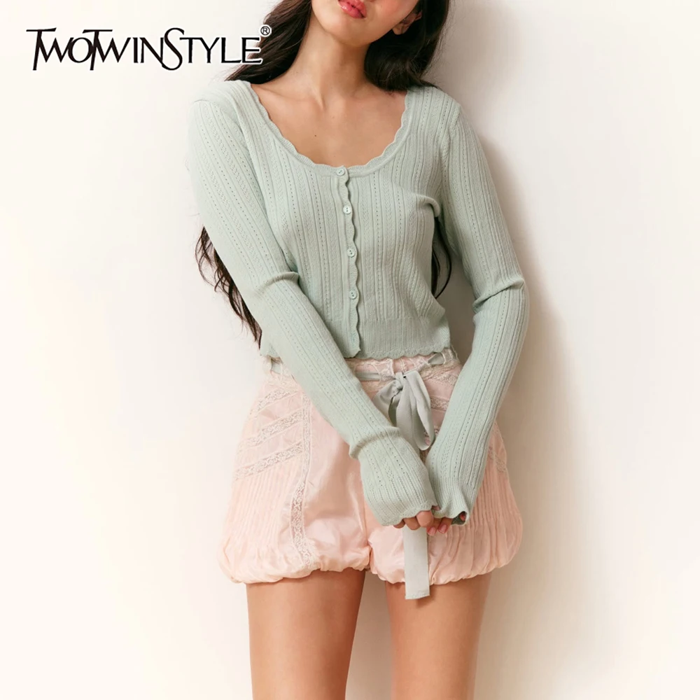 TWOTWINSTYLE Basics Casual Cardigan for Women U Neck Long Sleeve Spliced Wave Cut Slimming Knitwear Female Autumn Fashion Style