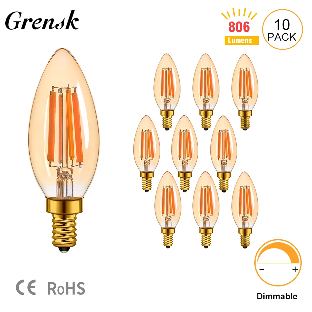 

Retro C35 Candle Led Bulb 6.5W High Lumens 806lm E14 Base Dimmable Edison Led Filament Bulbs Amber Glass 2200K Chandelier Lamps